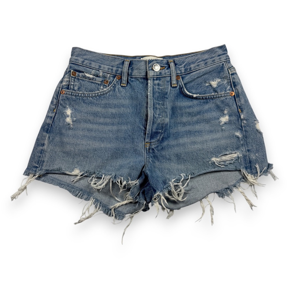 AGOLDE Parker High Rise Distressed Denim Shorts Light Indigo 24 XXS Button Fly